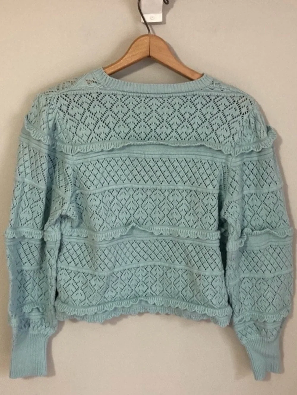 Studio 19 crochet Sweater, Balloon Sleeve Boho Sweater, Blue Ruffled Knit, Large